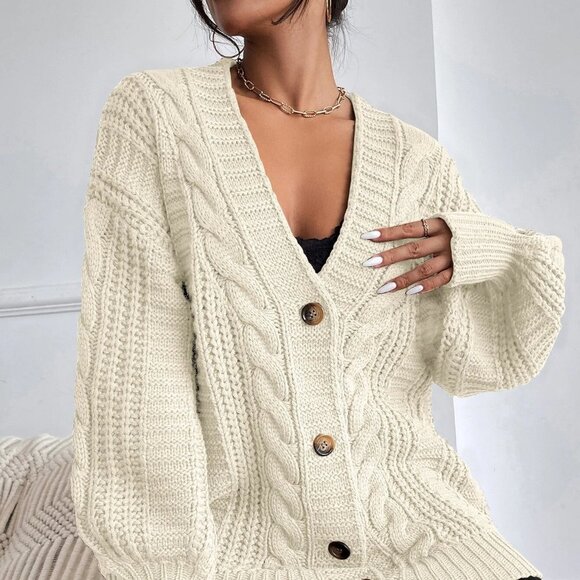 Beige Casual Womens Solid Button Front Cable Knit Cardigan - Picture 3 of 5